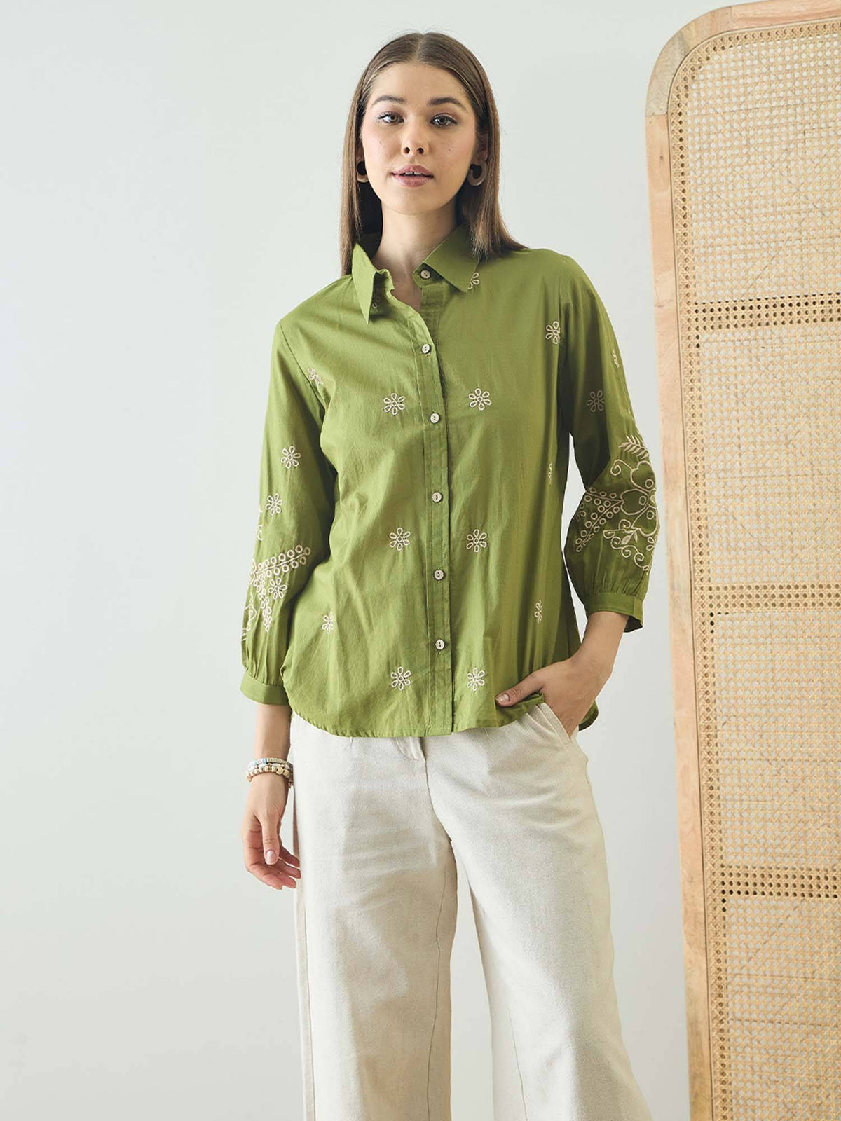 Cotton Olive Floral Embroidered Shirt | S67 - view 5