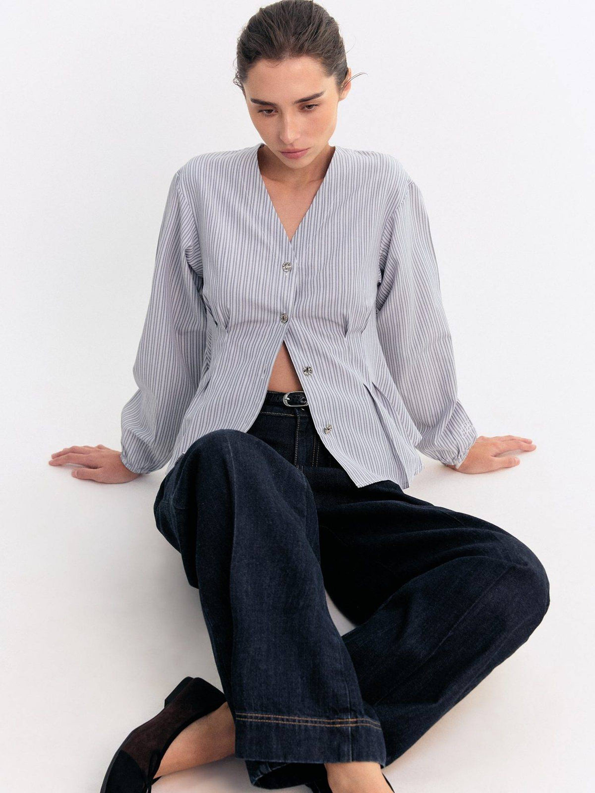 Pinstriped Peplum V-Neck Top - Light Grey | pt51 - view 2