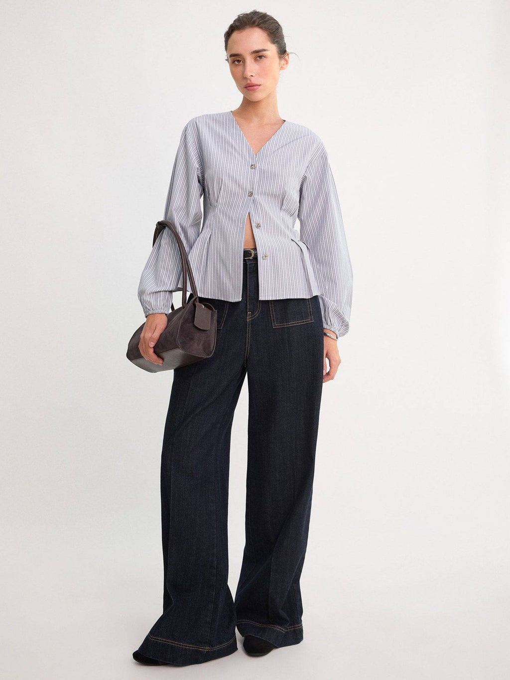 Pinstriped Peplum V-Neck Top - Light Grey | pt51 - view 4