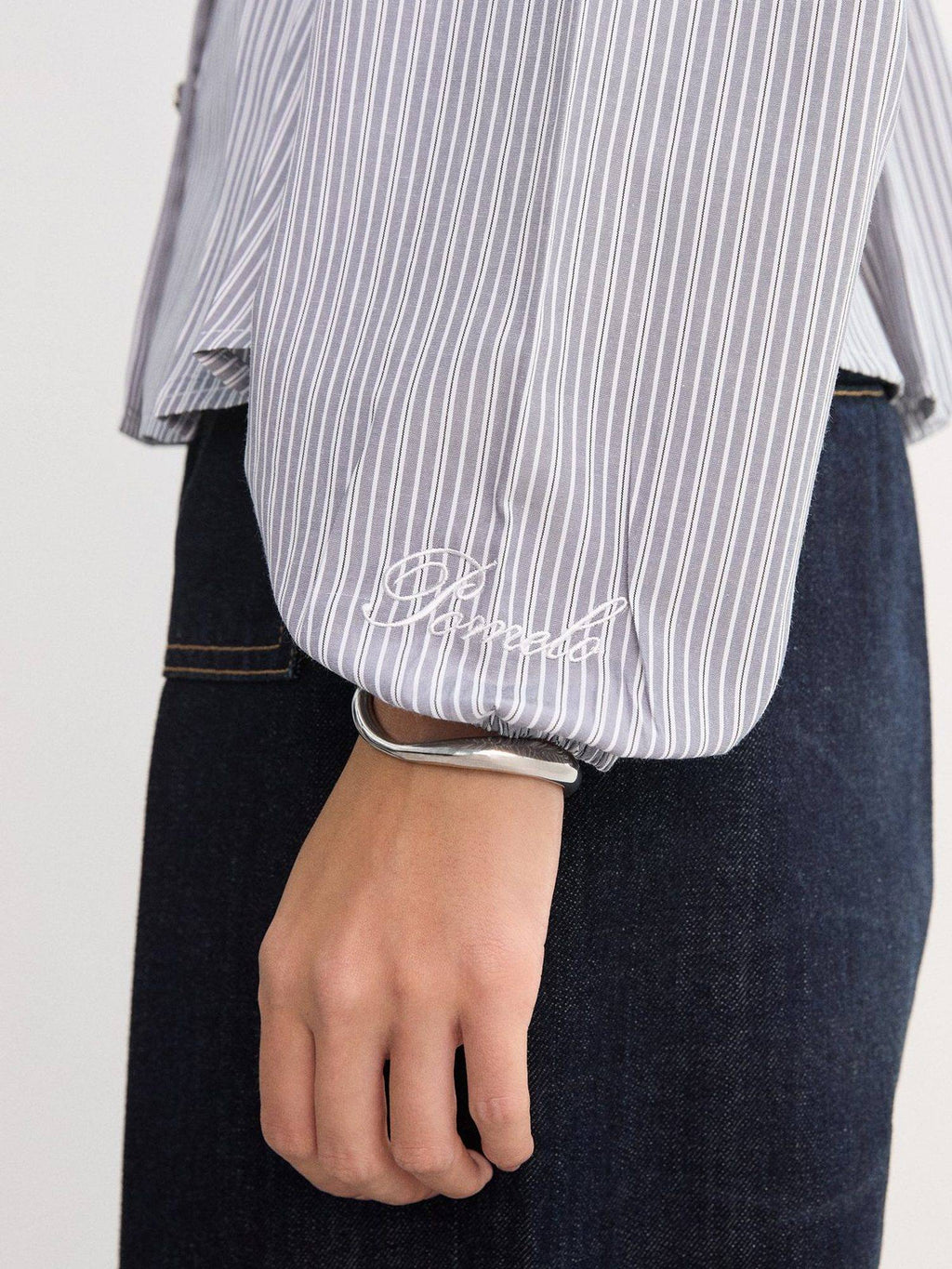 Pinstriped Peplum V-Neck Top - Light Grey | pt51 - view 5