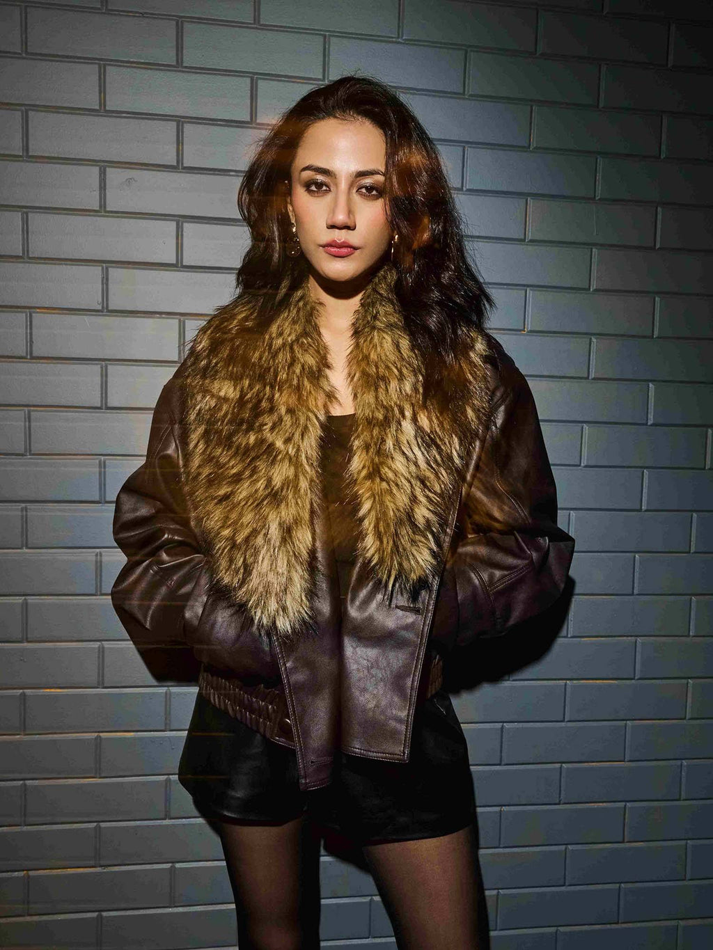 Brown Faux Leather Fur Collar Jacket | JC78 - view 3