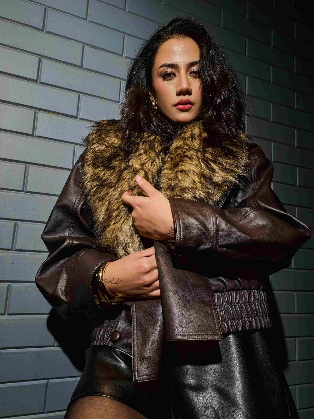 Brown Faux Leather Fur Collar Jacket | JC78 - view 4