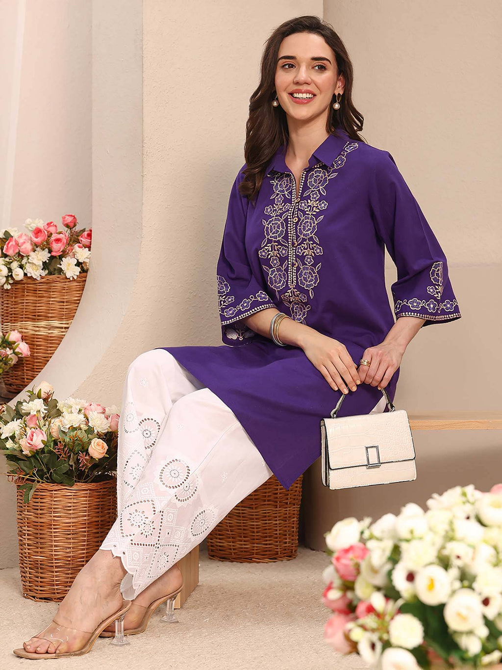 Blue Floral Embroidered Kurta | FY93 - view 14