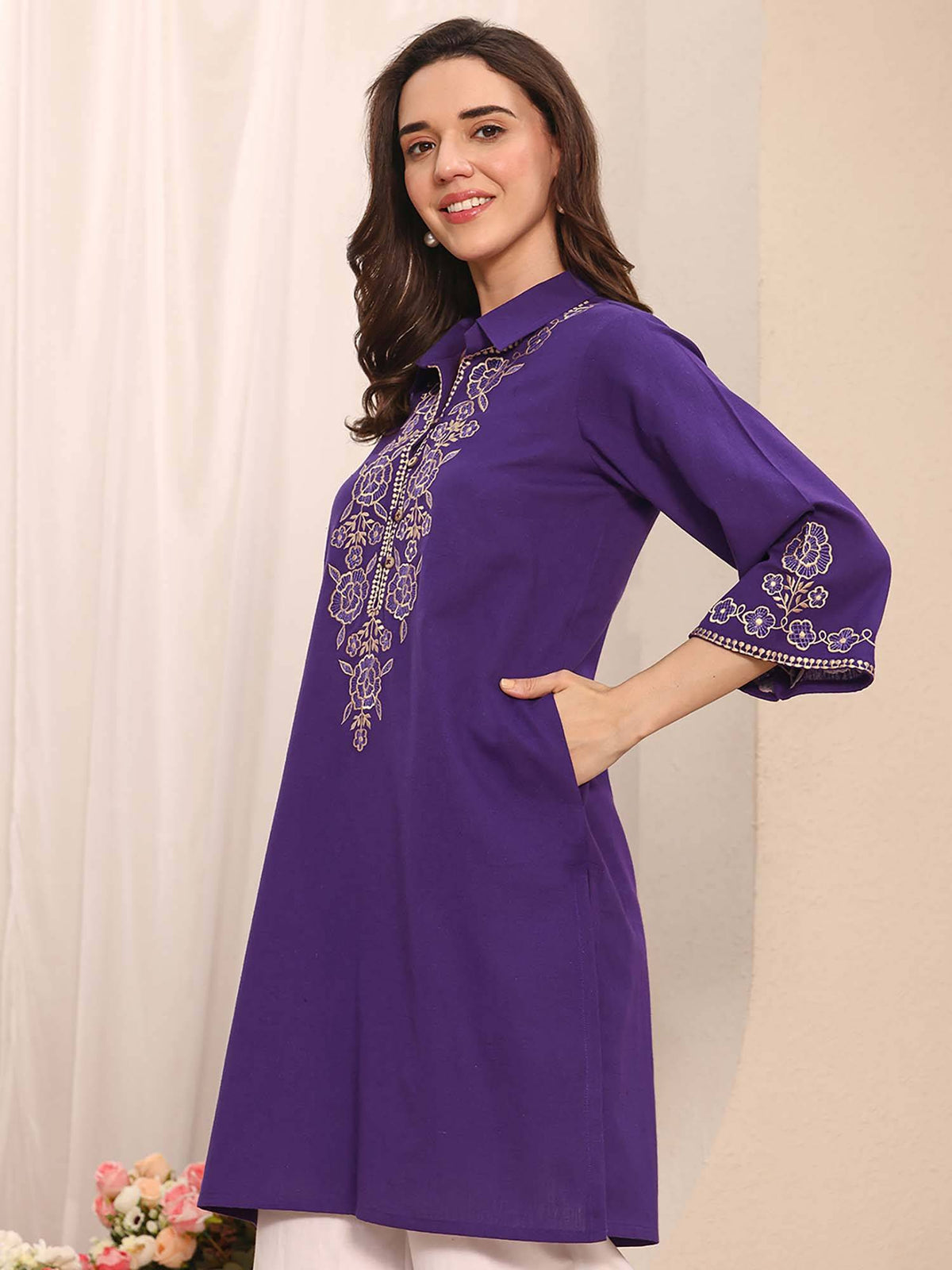 Blue Floral Embroidered Kurta | U3S - view 9