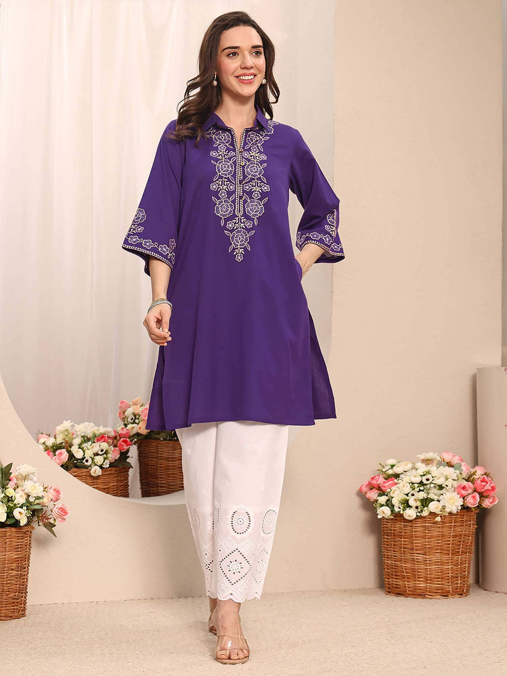 Blue Floral Embroidered Kurta | U3S - view 11