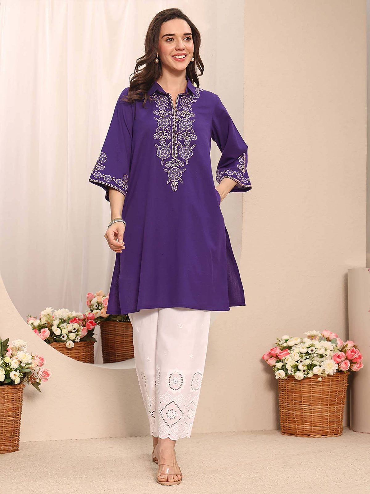 Blue Floral Embroidered Kurta | U3S - view 11