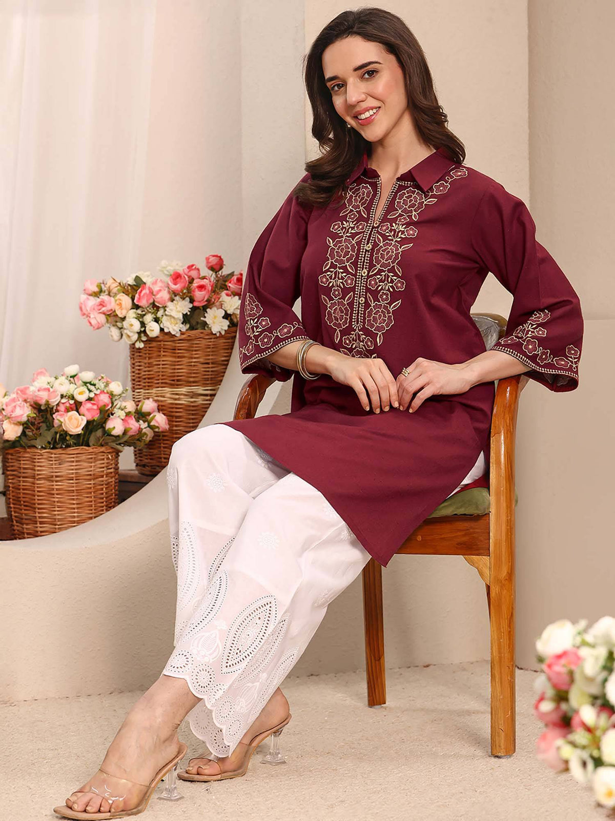 Blue Floral Embroidered Kurta | FY93 - view 8