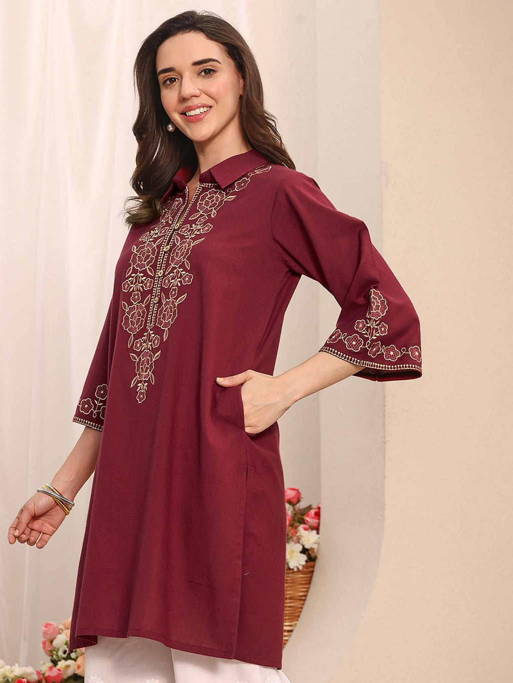 Blue Floral Embroidered Kurta | FY93 - view 9