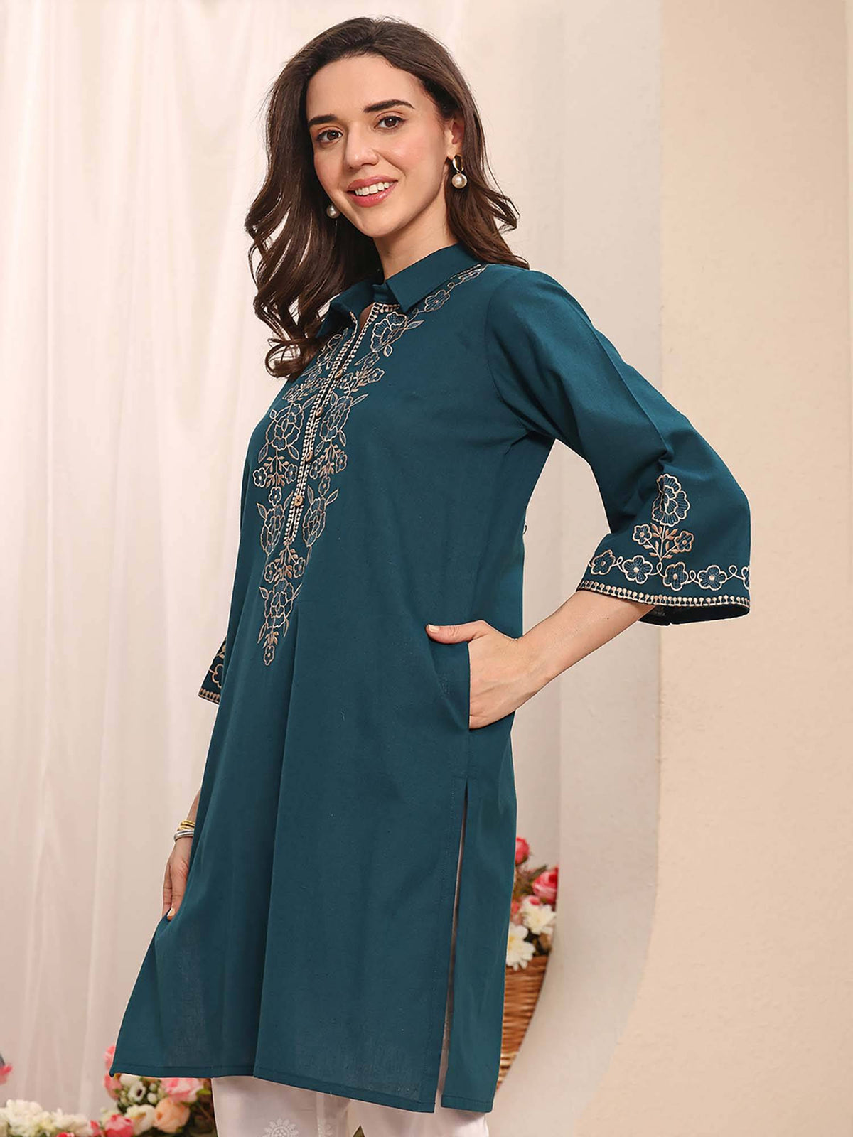 Blue Floral Embroidered Kurta | FY93 - view 1