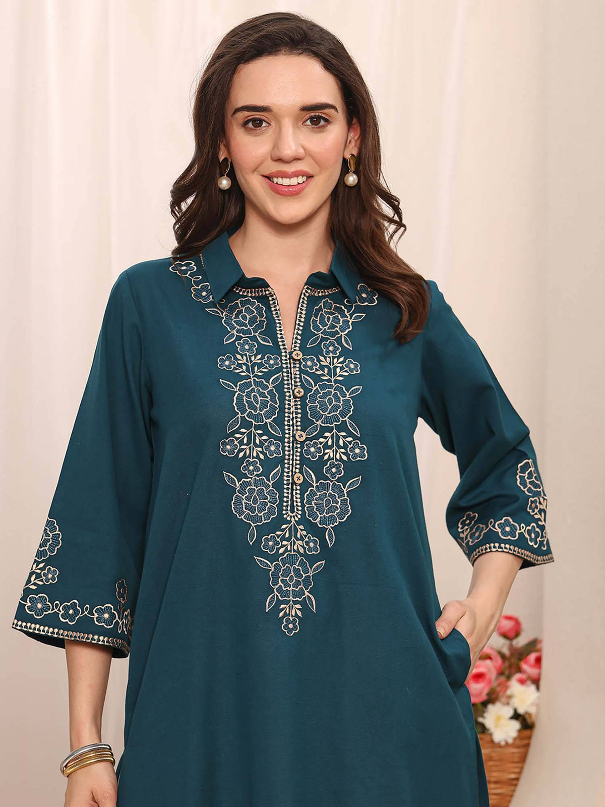 Blue Floral Embroidered Kurta | U3S - view 4