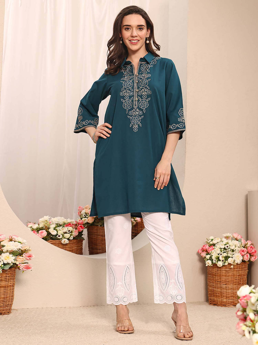 Blue Floral Embroidered Kurta | U3S - view 5