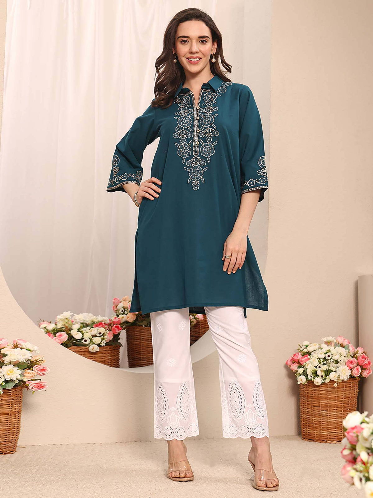 Blue Floral Embroidered Kurta | FY93 - view 5