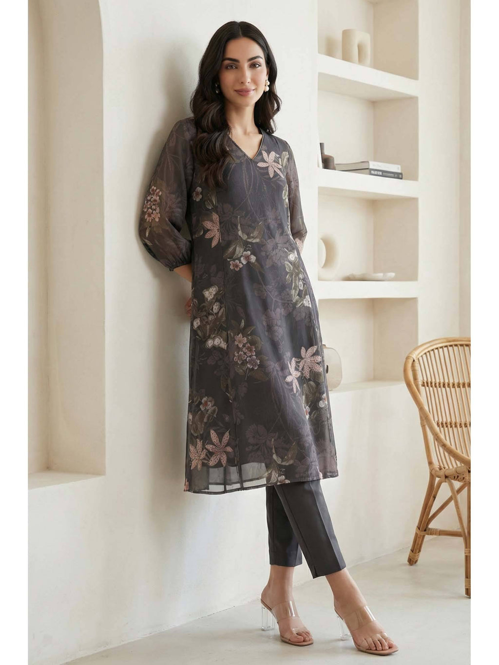 Black Floral Printed Chiffon Straight Kurta | U3S - view 3