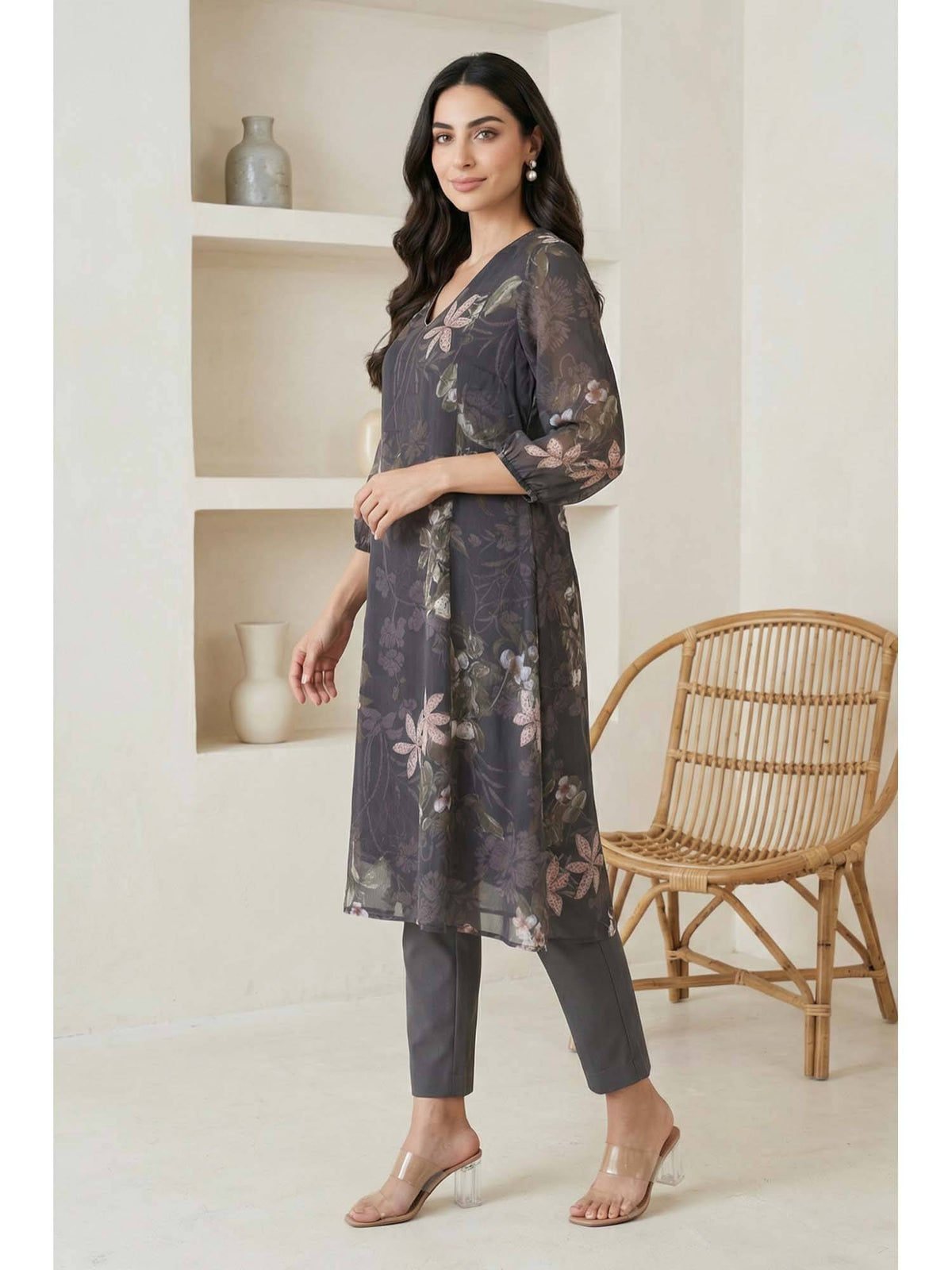 Black Floral Printed Chiffon Straight Kurta | KDG - view 4