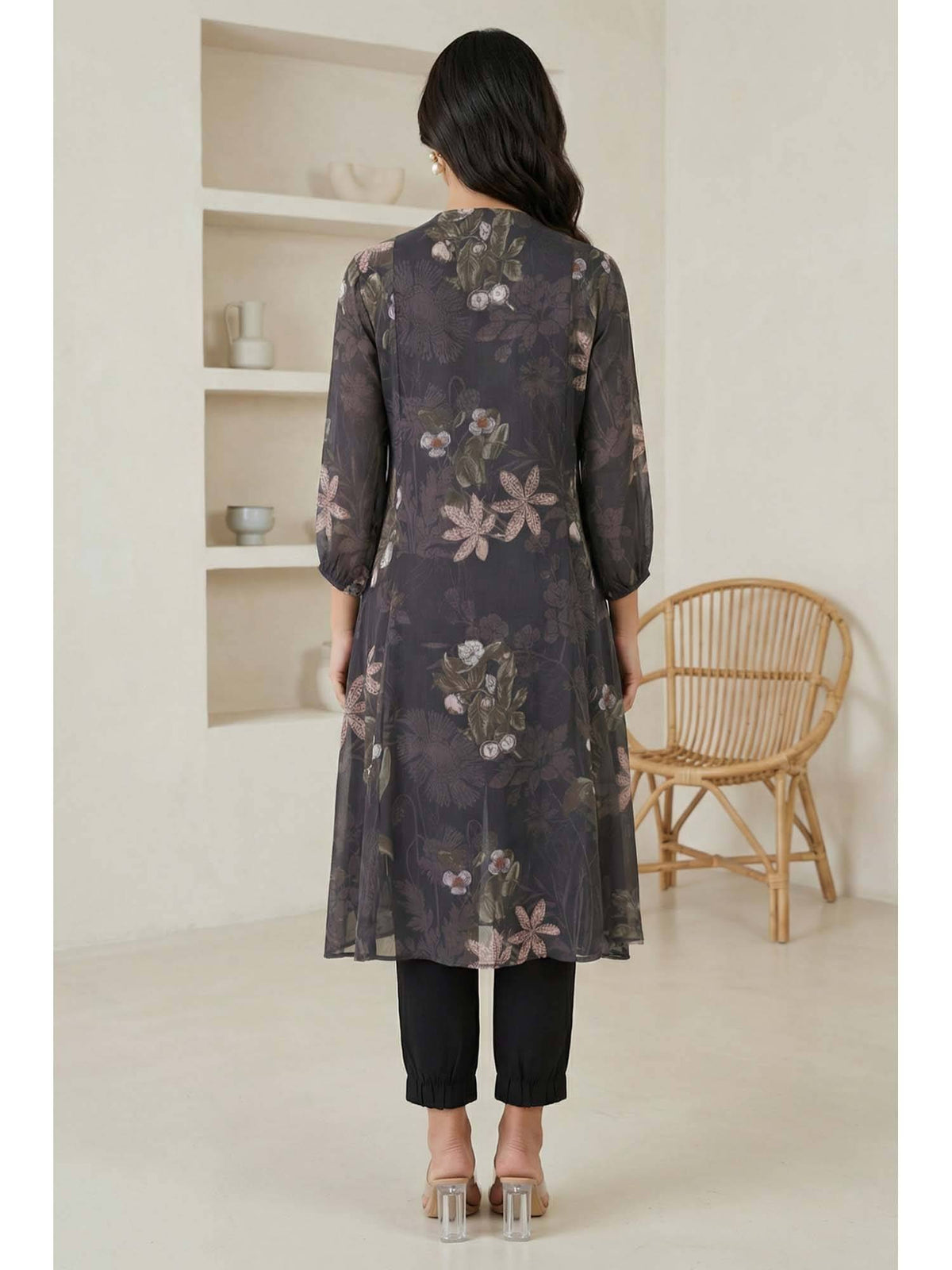 Black Floral Printed Chiffon Straight Kurta | U3S - view 5