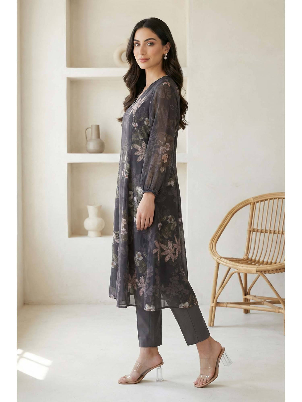 Black Floral Printed Chiffon Straight Kurta | FY93 - view 6