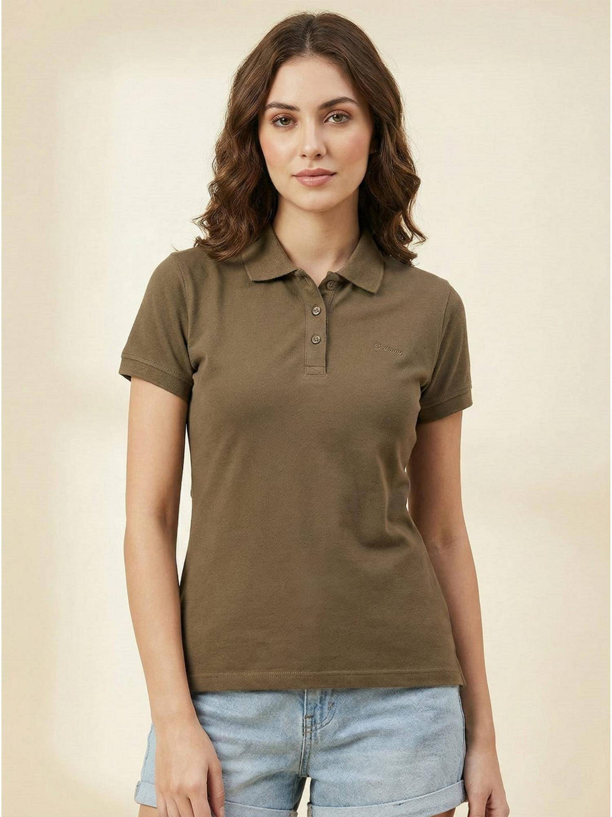 Brown Women Basic Collar Half Sleeve Polo T-shirt | PW43 - view 1