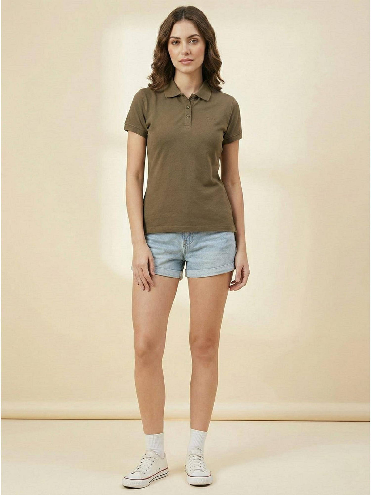 Brown Women Basic Collar Half Sleeve Polo T-shirt | PW43 - view 2