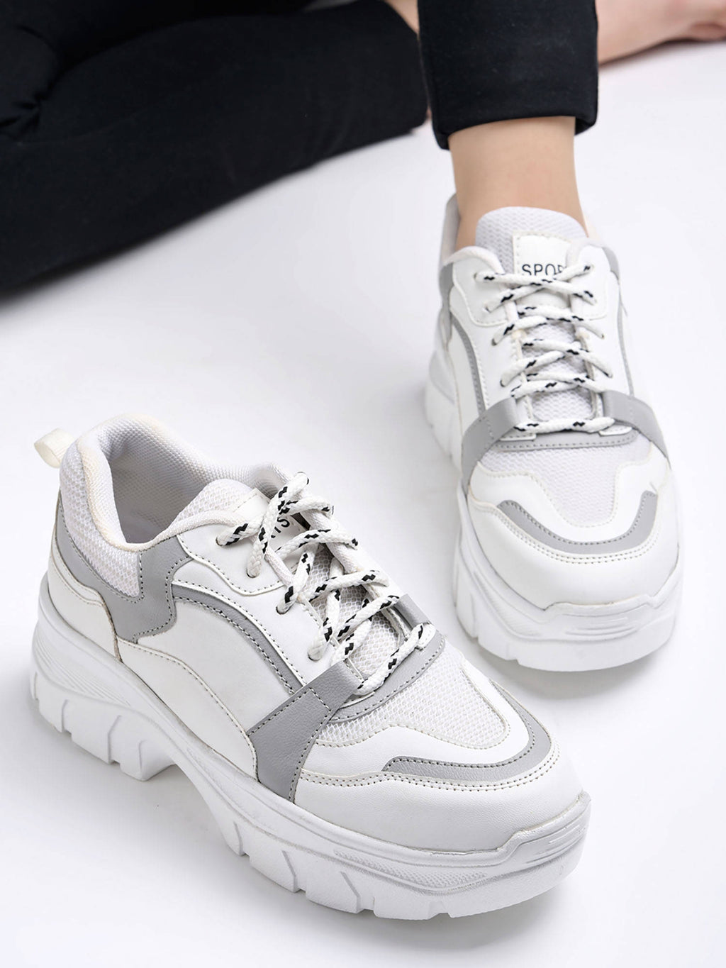 Lace-up Detail Grey Chunky Sneakers For Women & Girls | SN09 - view 2