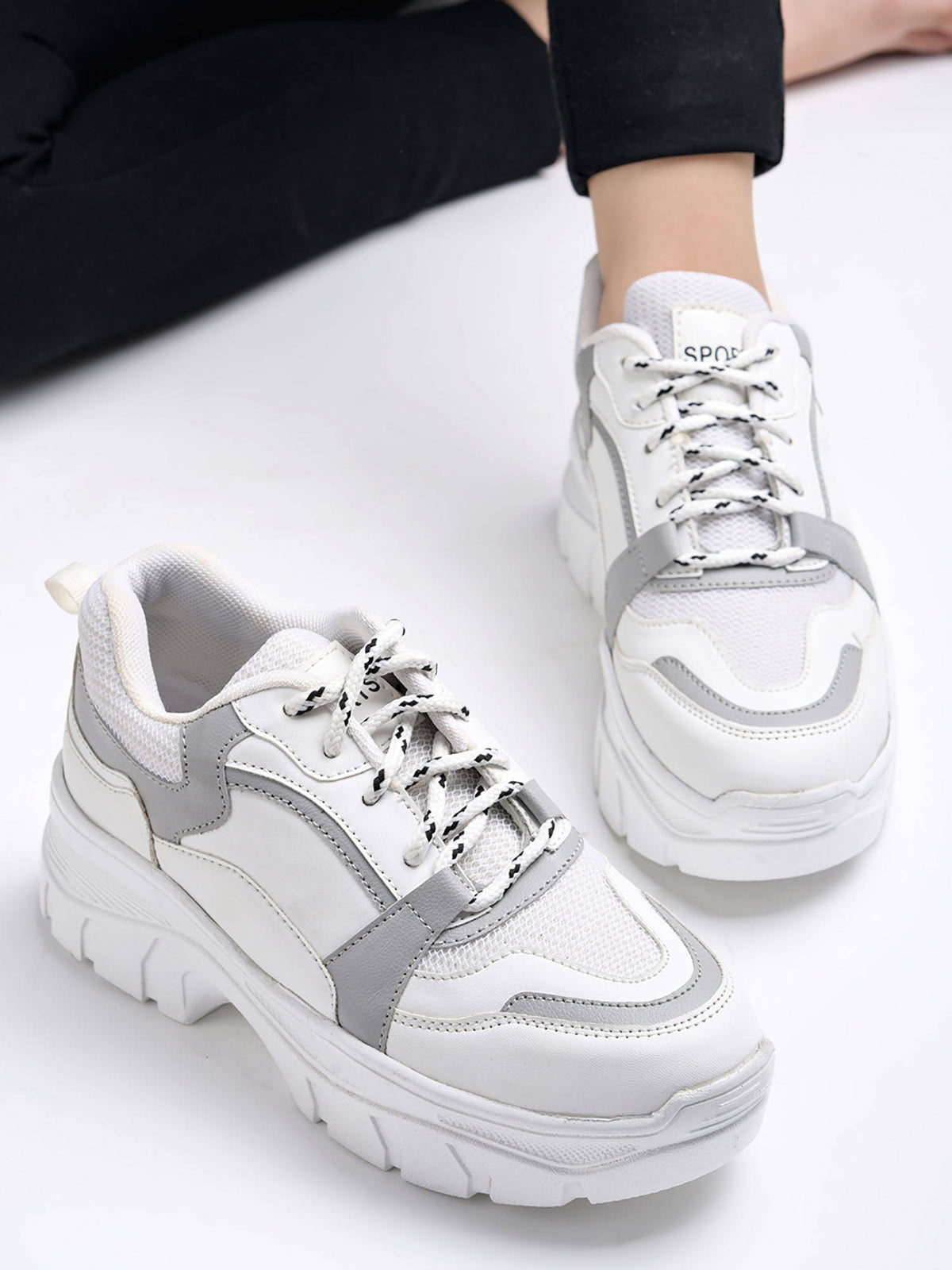 Lace-up Detail Grey Chunky Sneakers For Women & Girls | SN09 - view 2