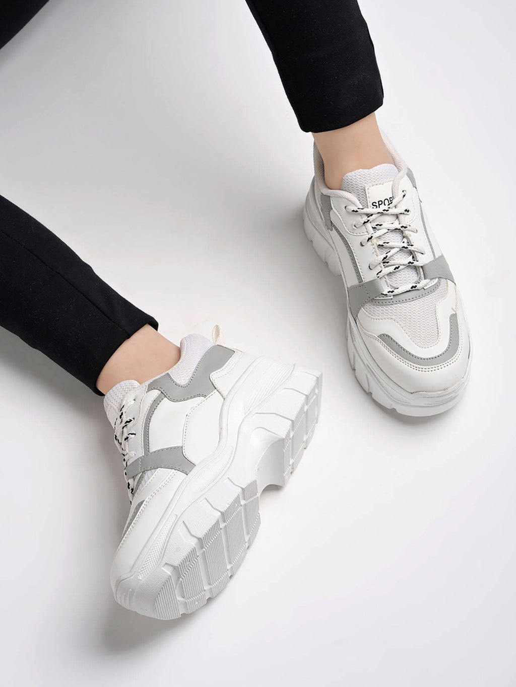 Lace-up Detail Grey Chunky Sneakers For Women & Girls | SN09 - view 3