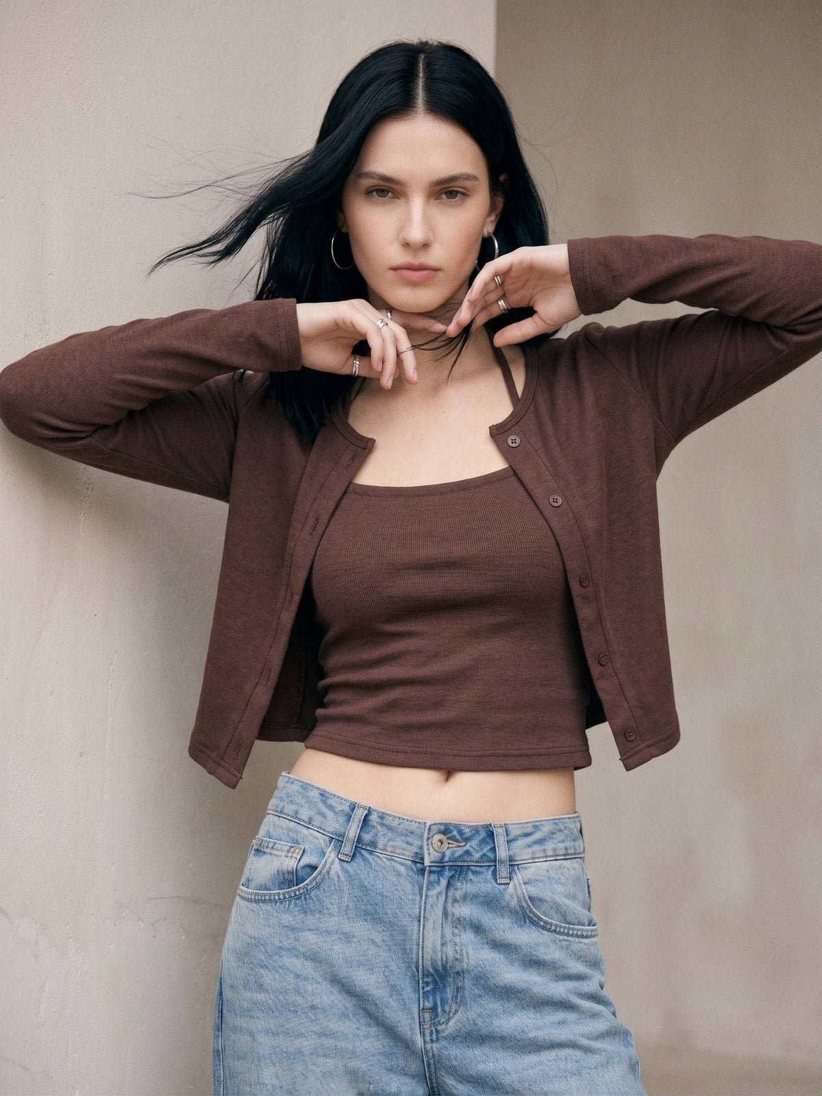 Brown Cold Shoulder With Halter Strapped Top & Shrug | CT61 - view 2