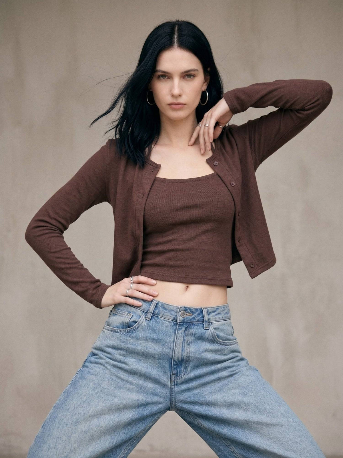Brown Cold Shoulder With Halter Strapped Top & Shrug | CT61 - view 3