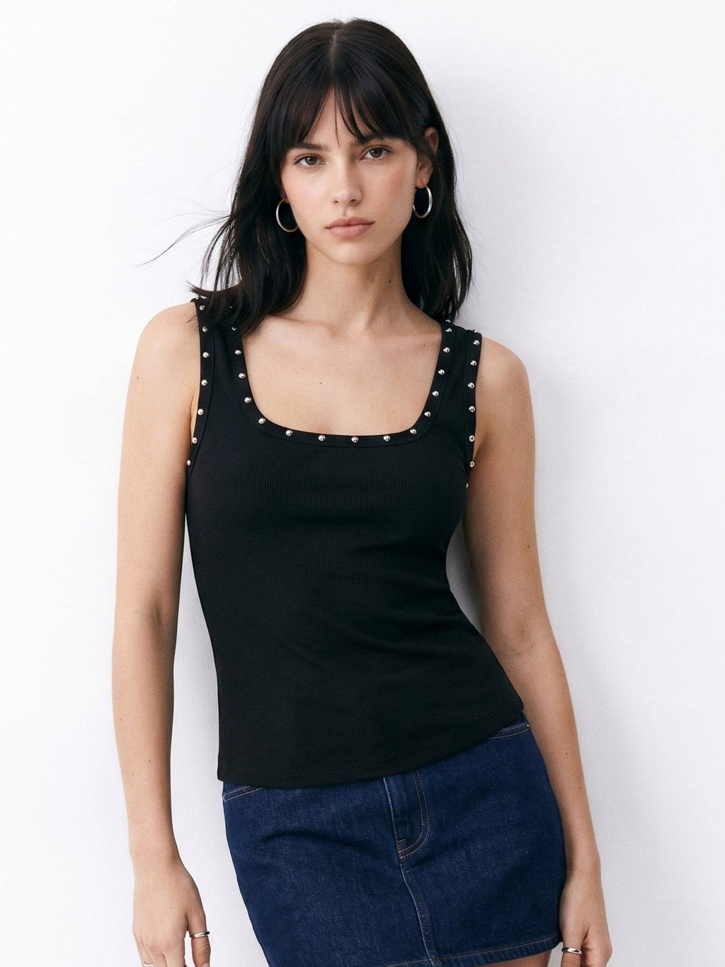 Black Square Neck Studded Fitted Tank Top | TT98 - view 1