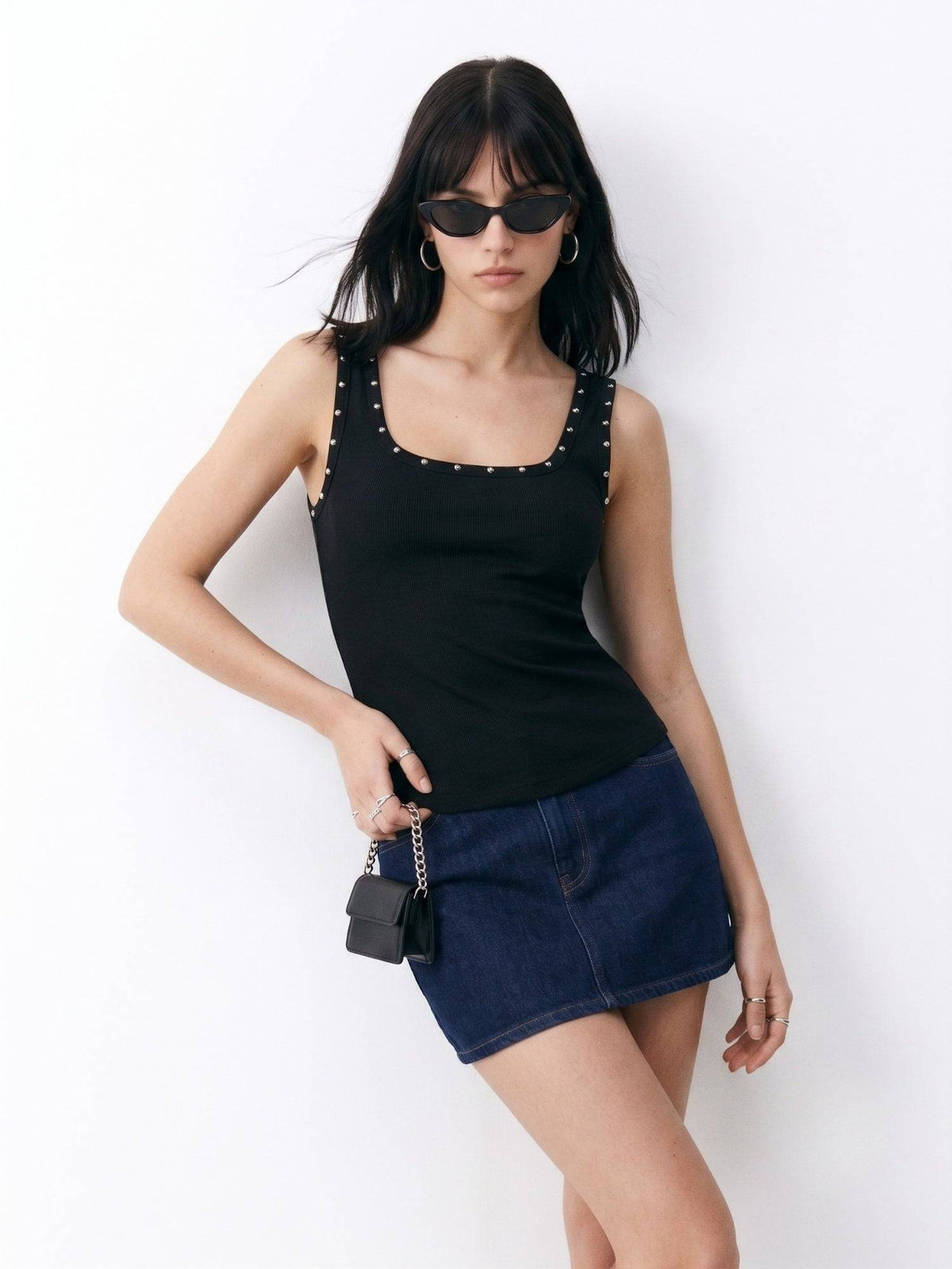 Black Square Neck Studded Fitted Tank Top | TT98 - view 3