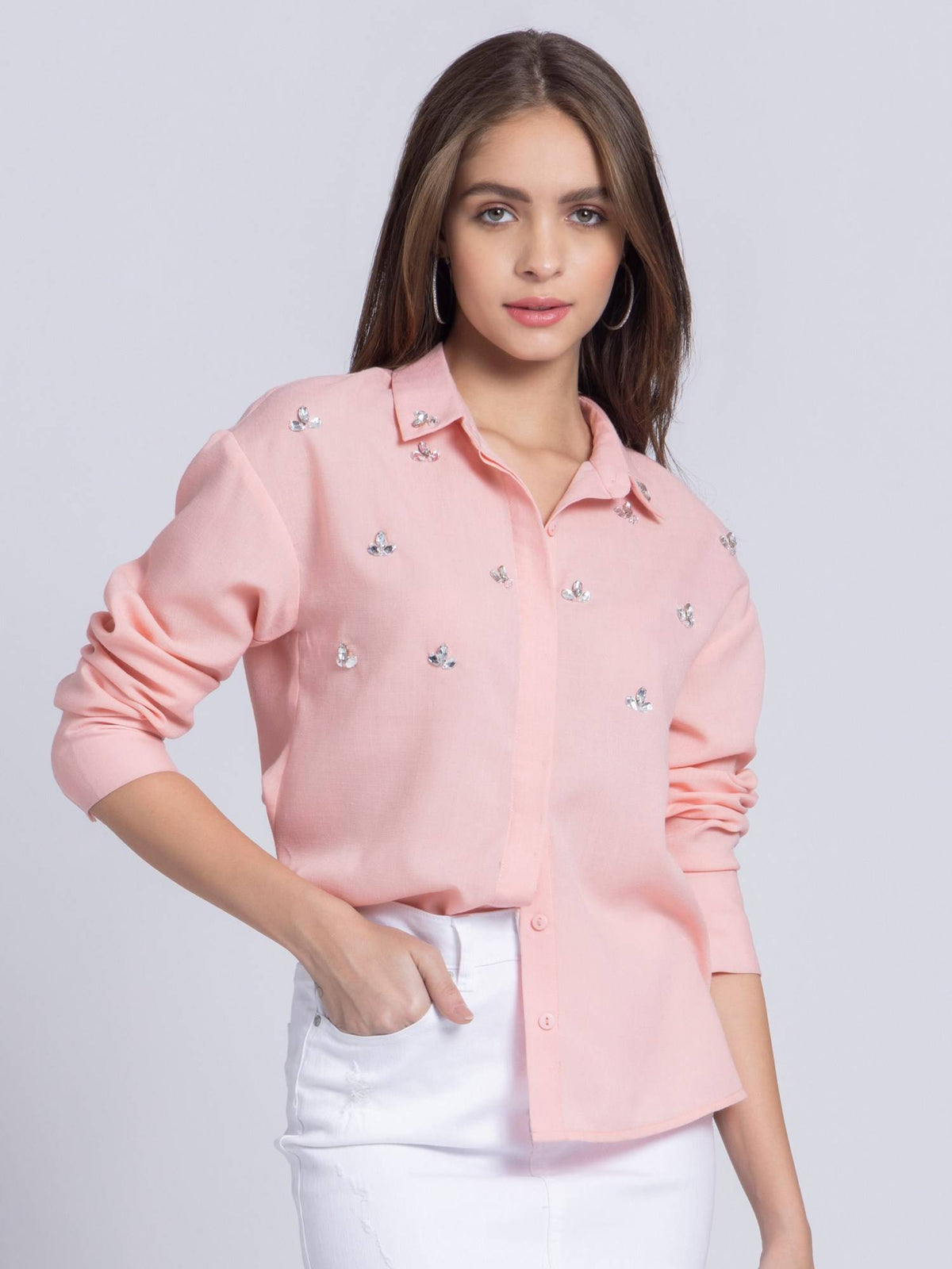 Womens Collar Neck Pink Embellished Long Sleeves Party Shirt | S67 - view 1
