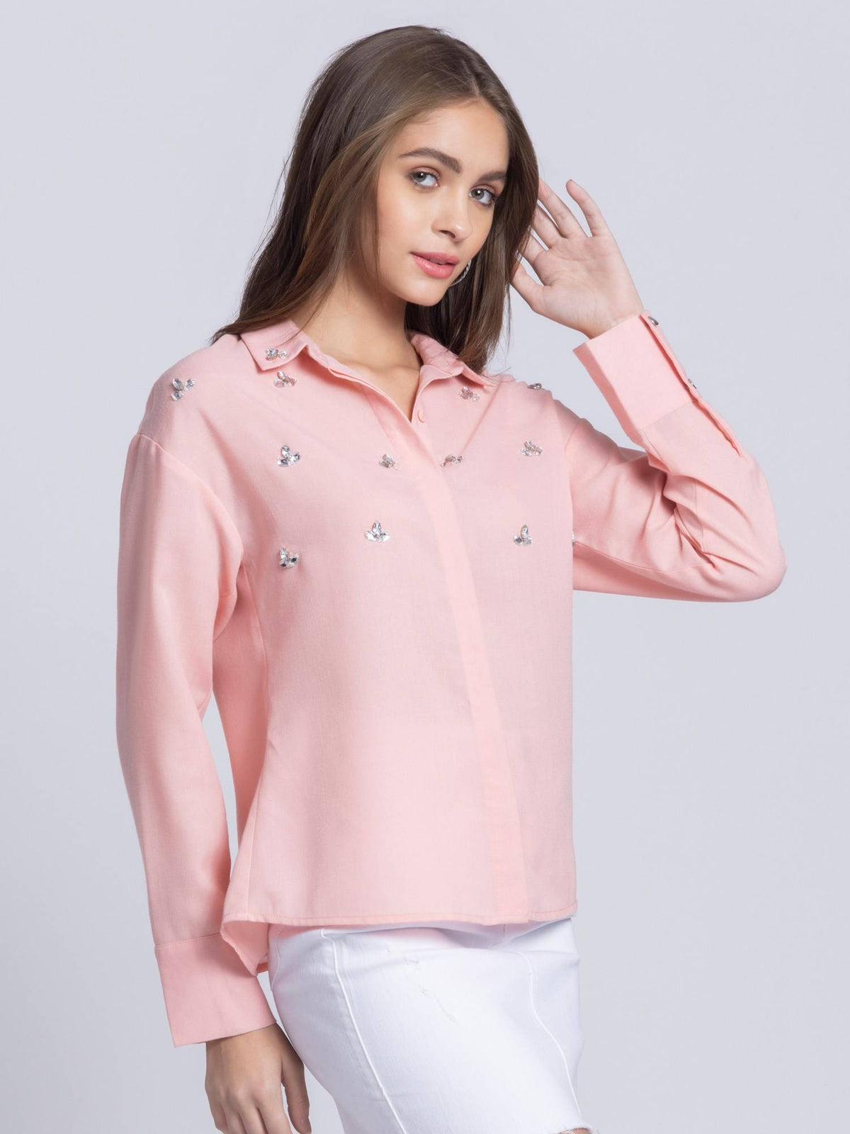 Womens Collar Neck Pink Embellished Long Sleeves Party Shirt | S67 - view 2