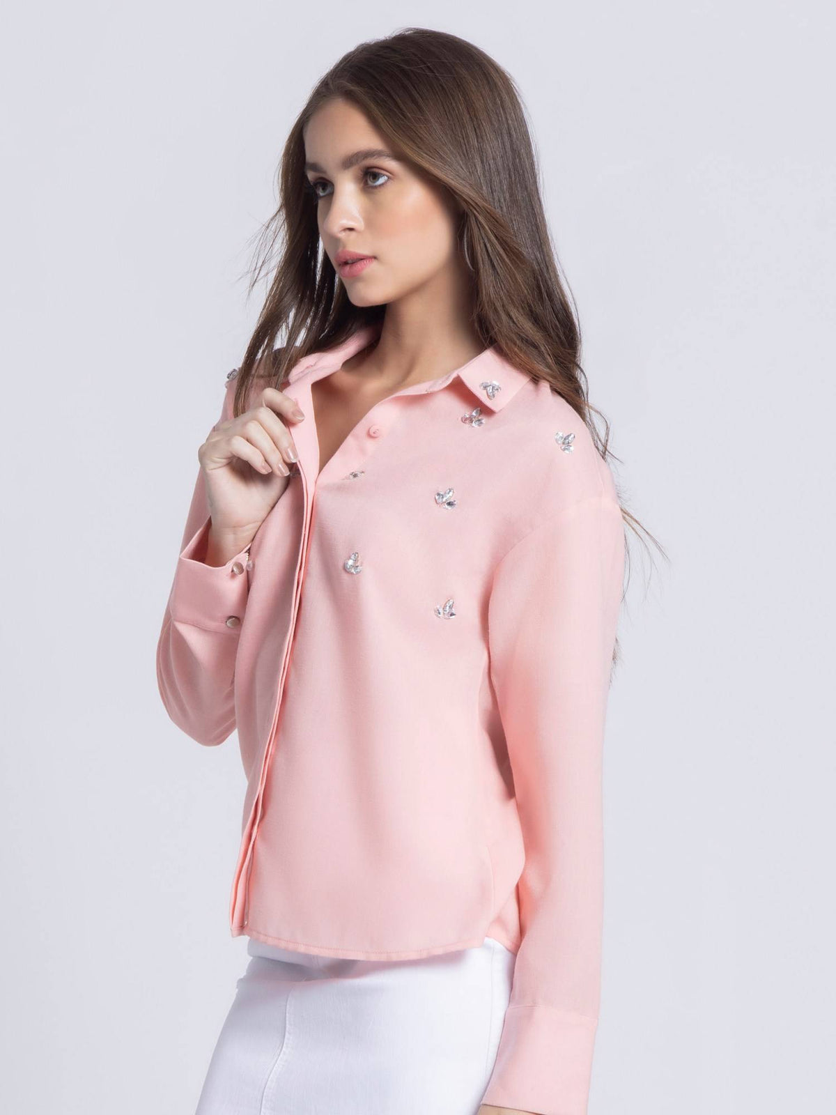 Womens Collar Neck Pink Embellished Long Sleeves Party Shirt | S67 - view 4