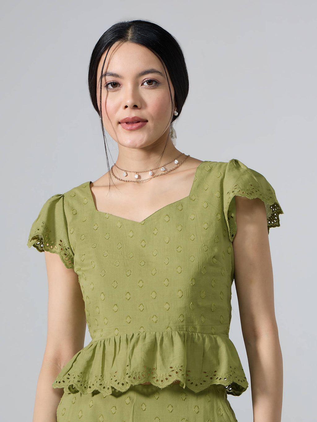 Light Green Sweetheart Neck Schiffli Peplum Top | pt51 - view 1
