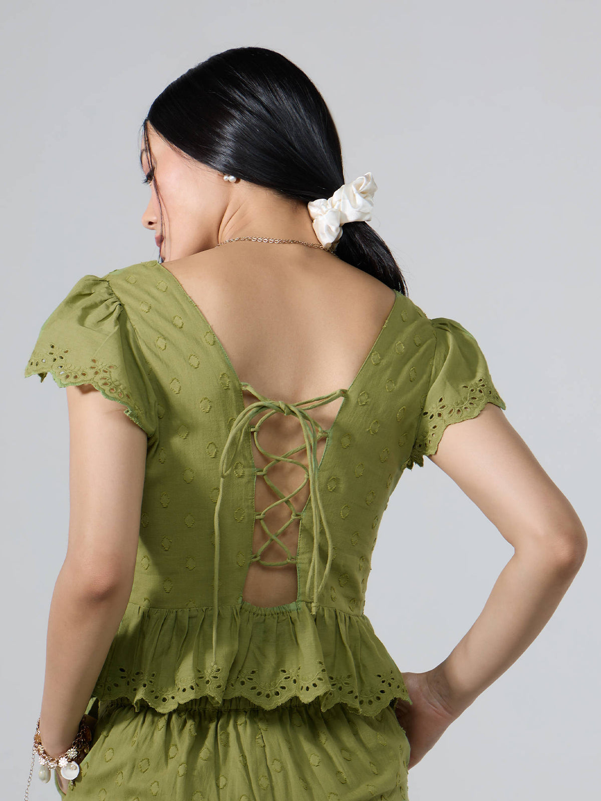 Light Green Sweetheart Neck Schiffli Peplum Top | pt51 - view 2