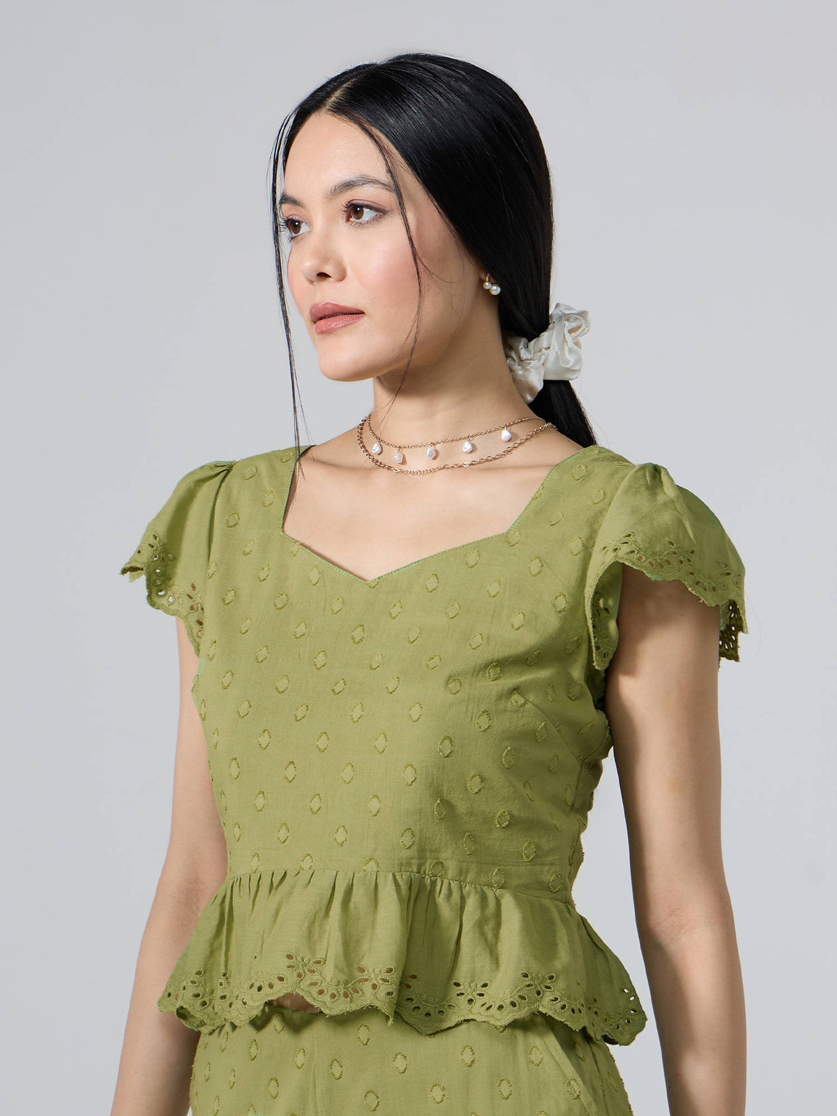 Light Green Sweetheart Neck Schiffli Peplum Top | pt51 - view 3