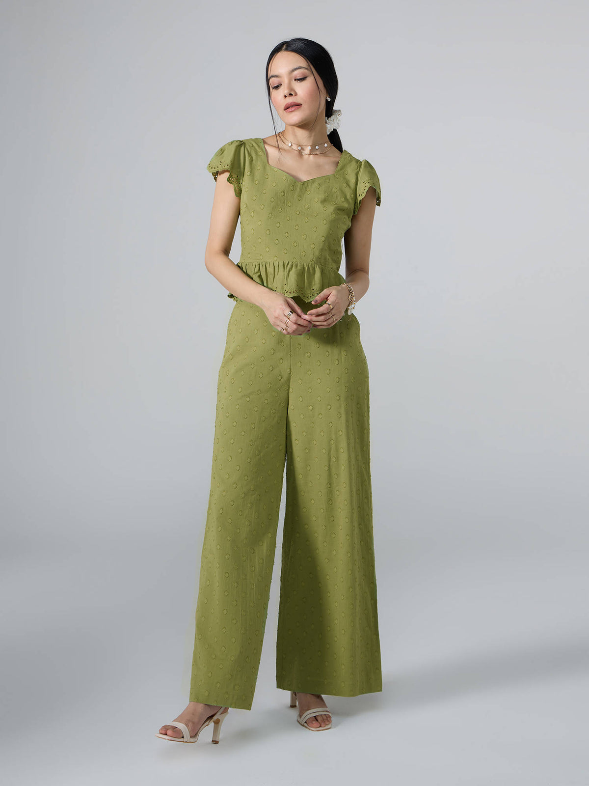 Light Green Sweetheart Neck Schiffli Peplum Top | pt51 - view 4