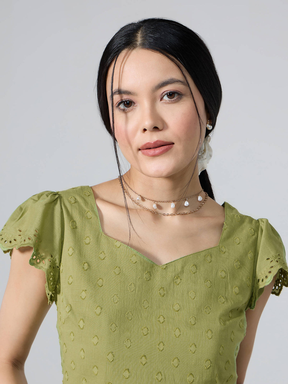Light Green Sweetheart Neck Schiffli Peplum Top | pt51 - view 5