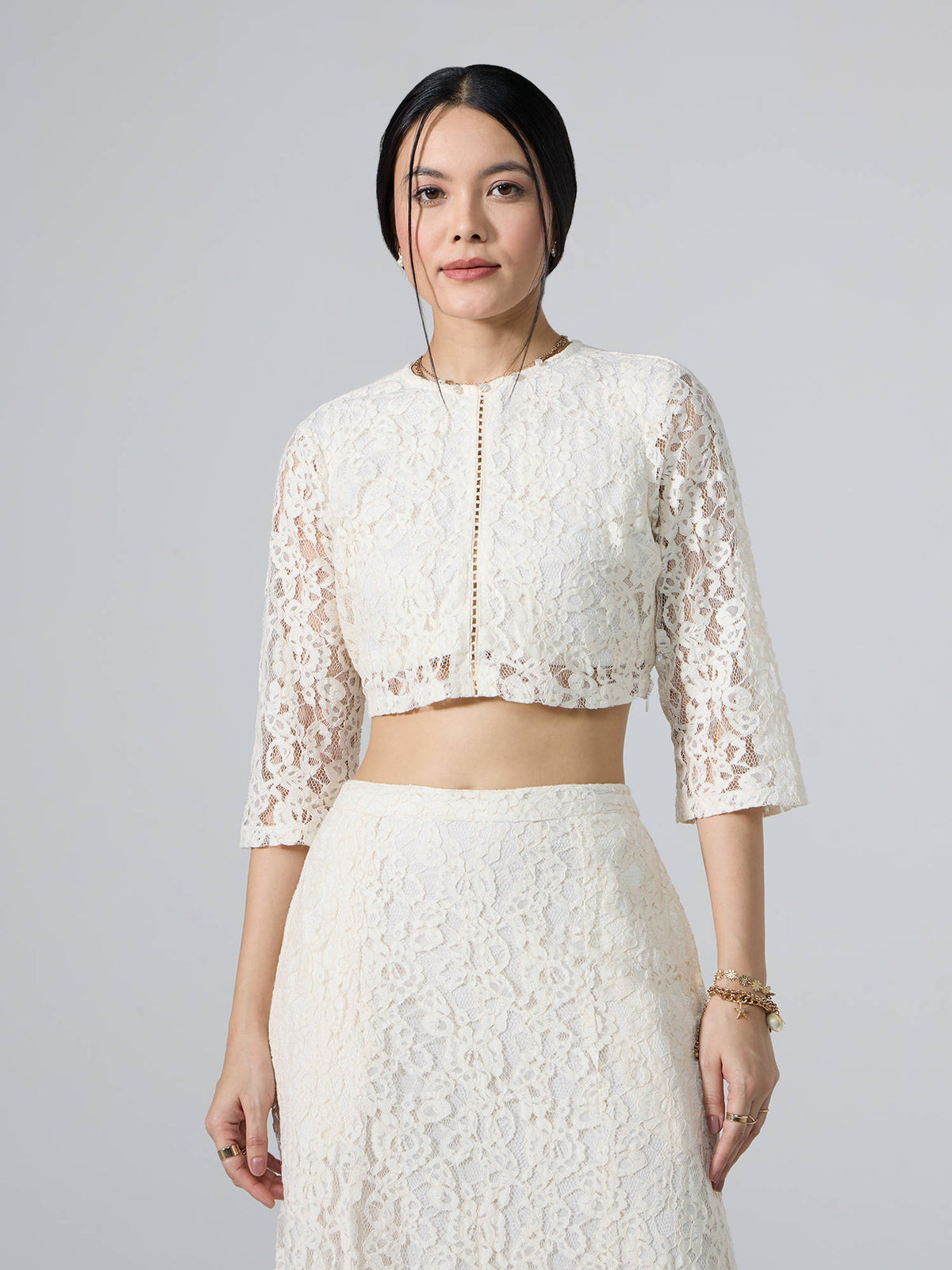 Cream Round Neck Three Fourth Sleeves Top | CT61 - view 1