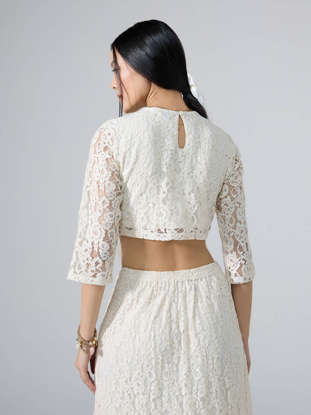 Cream Round Neck Three Fourth Sleeves Top | CT61 - view 2