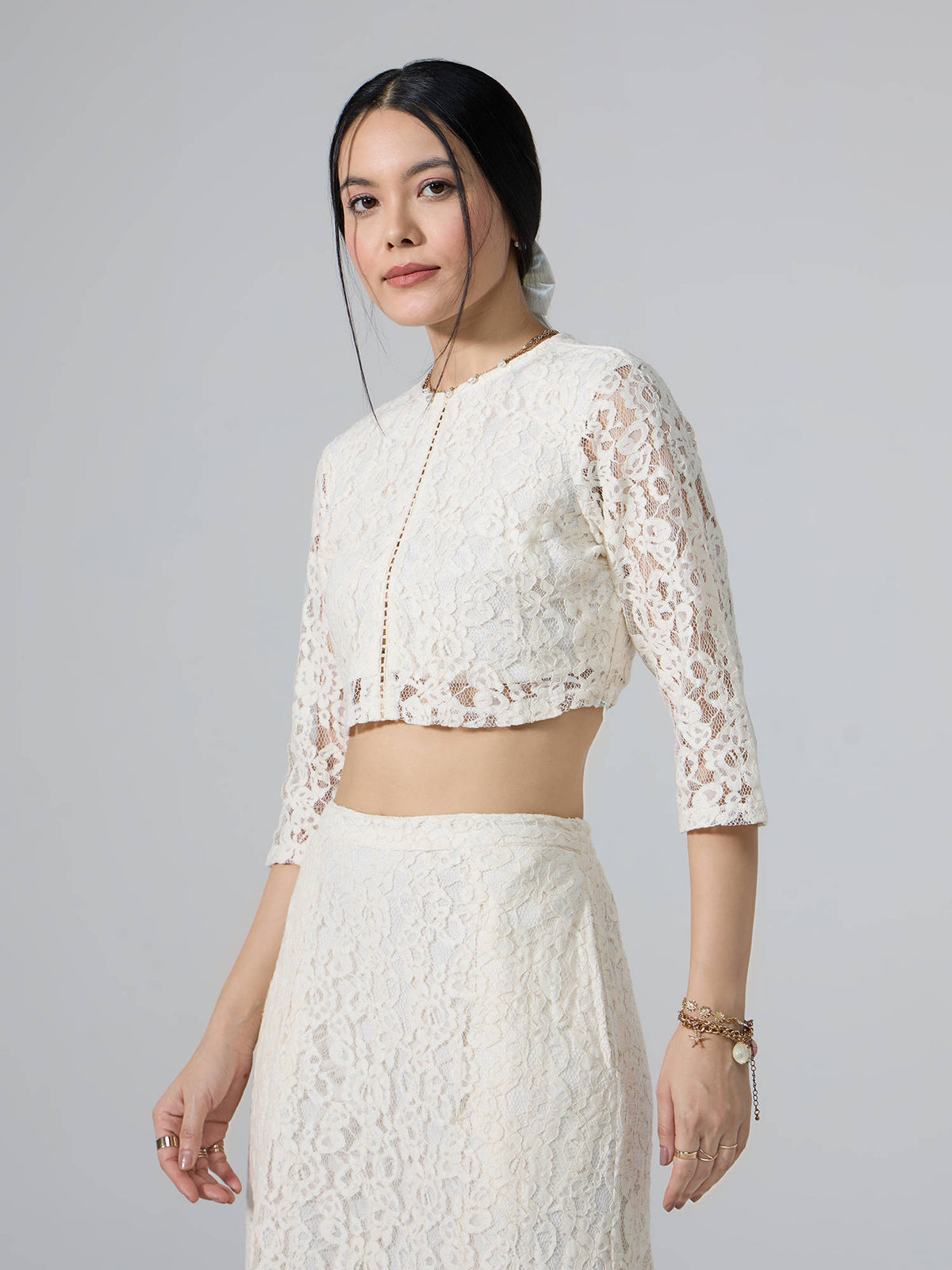 Cream Round Neck Three Fourth Sleeves Top | CT61 - view 3
