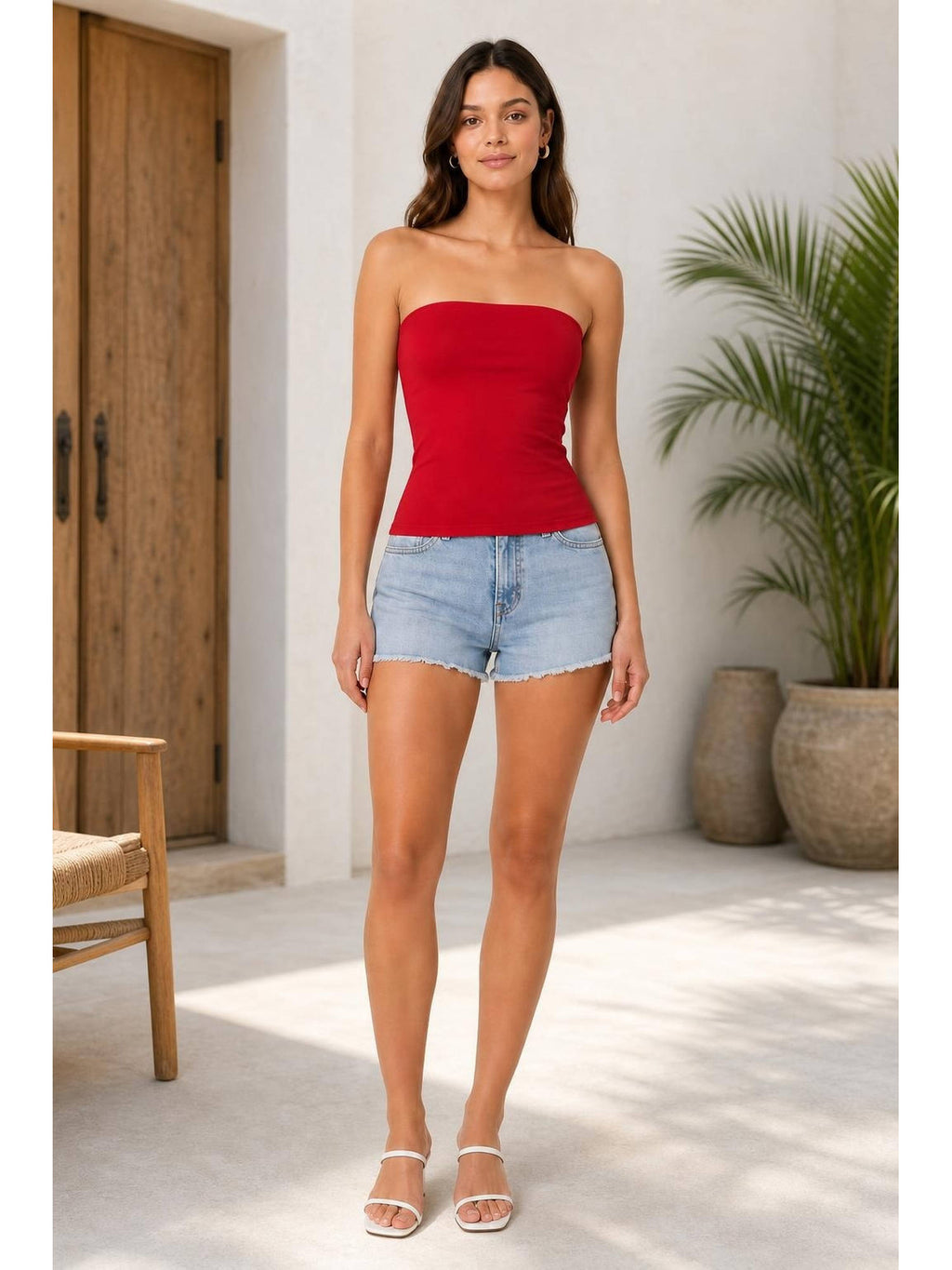 Red Contour Double Layered Strapless Solid Tube Top | TT90 - view 1