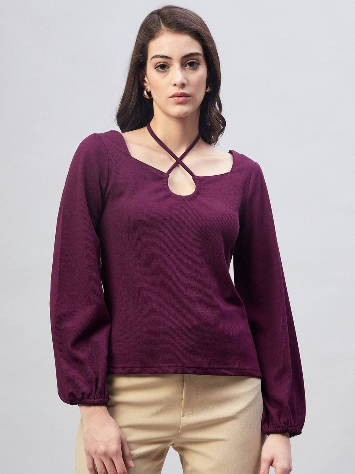 Women Casual Purple Colour Halter Neck Solid Regular Top | HT67 - view 1
