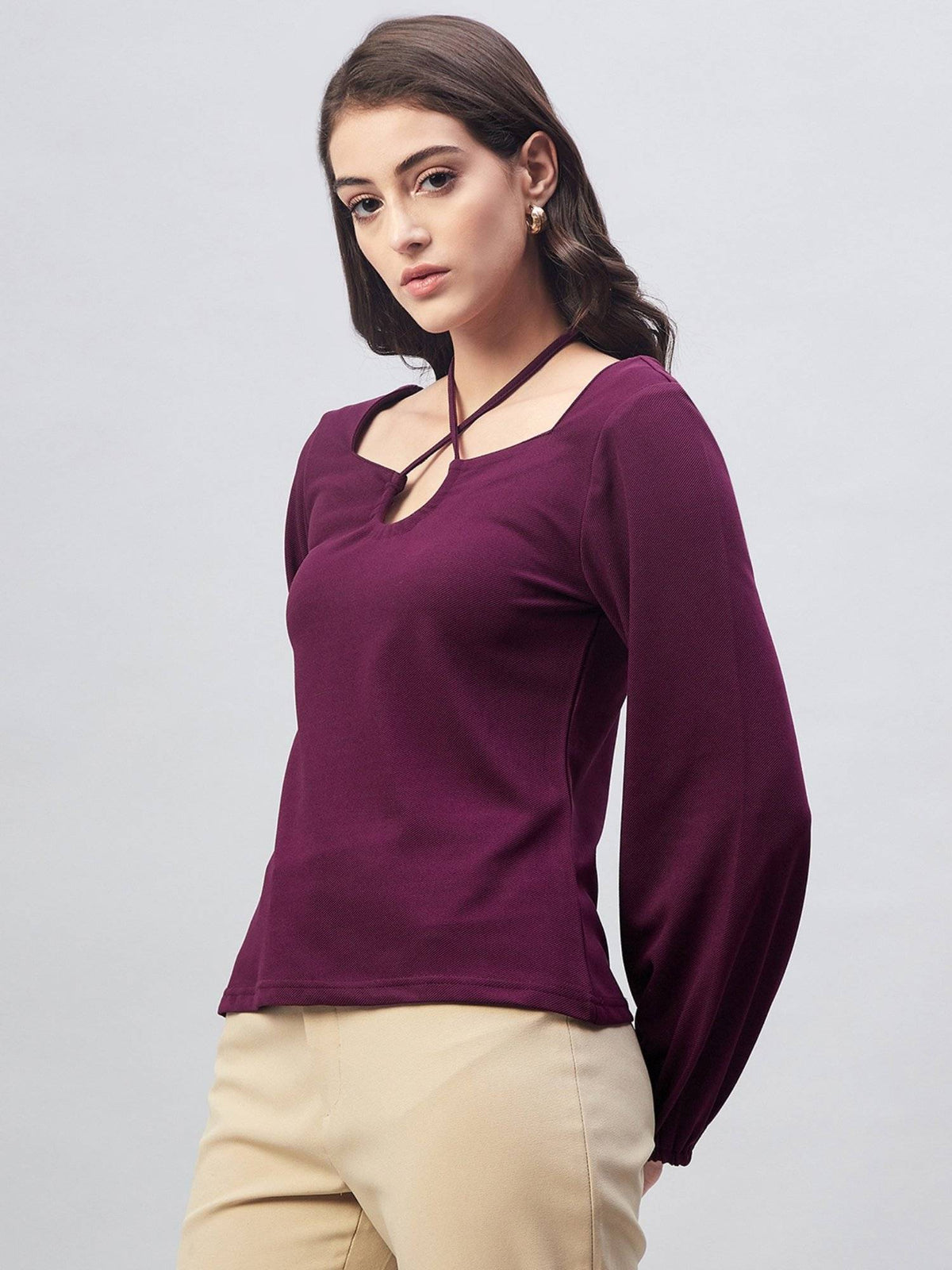 Women Casual Purple Colour Halter Neck Solid Regular Top | HT67 - view 2