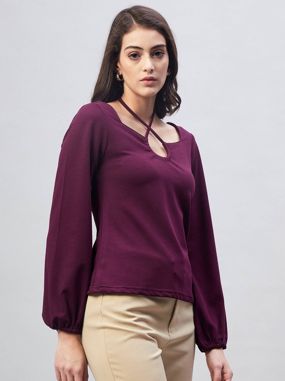 Women Casual Purple Colour Halter Neck Solid Regular Top | HT67 - view 3