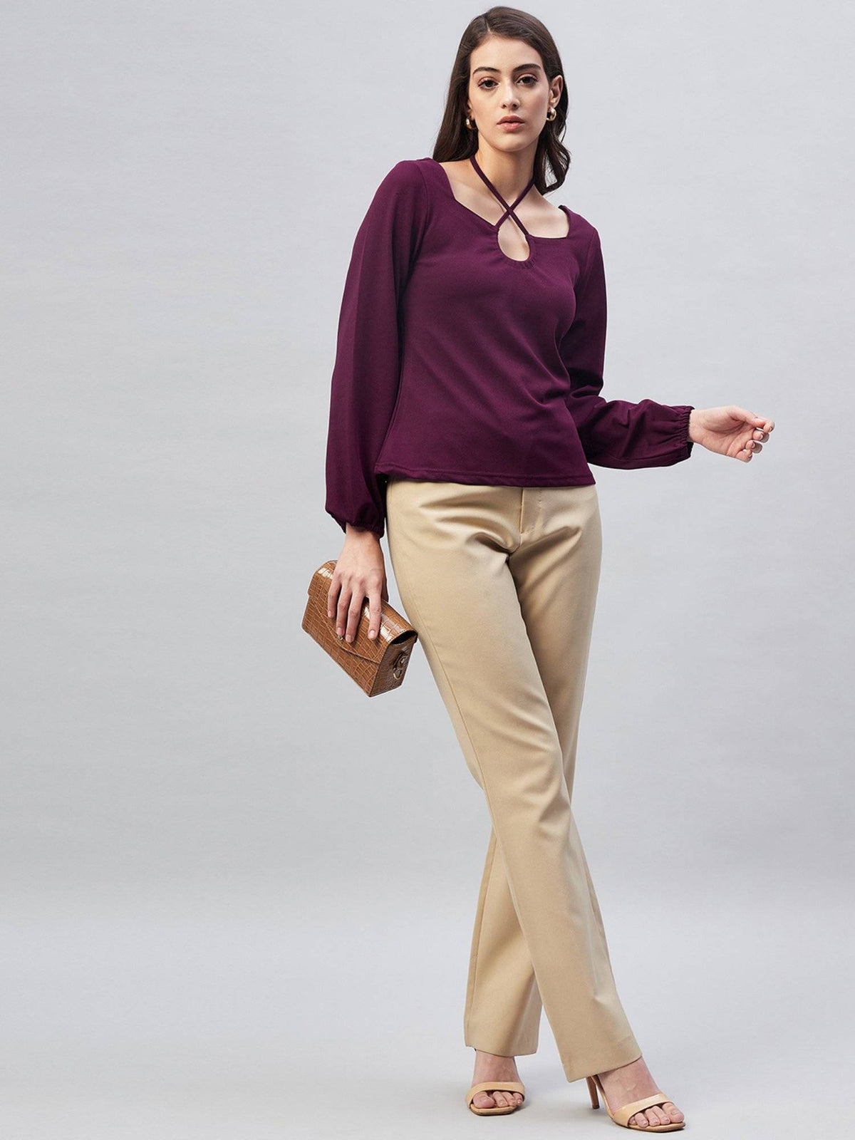 Women Casual Purple Colour Halter Neck Solid Regular Top | HT67 - view 6