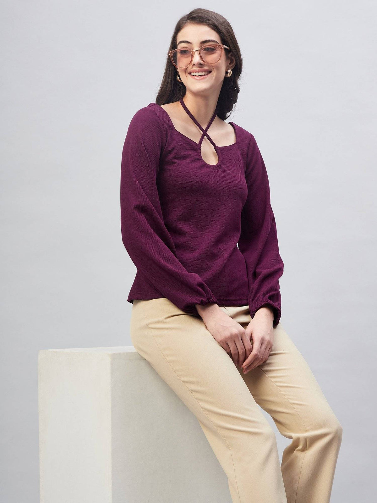 Women Casual Purple Colour Halter Neck Solid Regular Top | HT67 - view 7