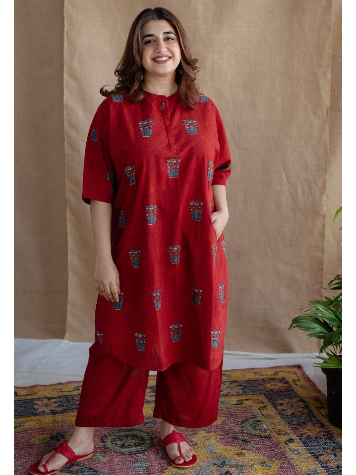 Red Straight Printed Cotton Kurta With Mandarin Neck | KDG - view 6