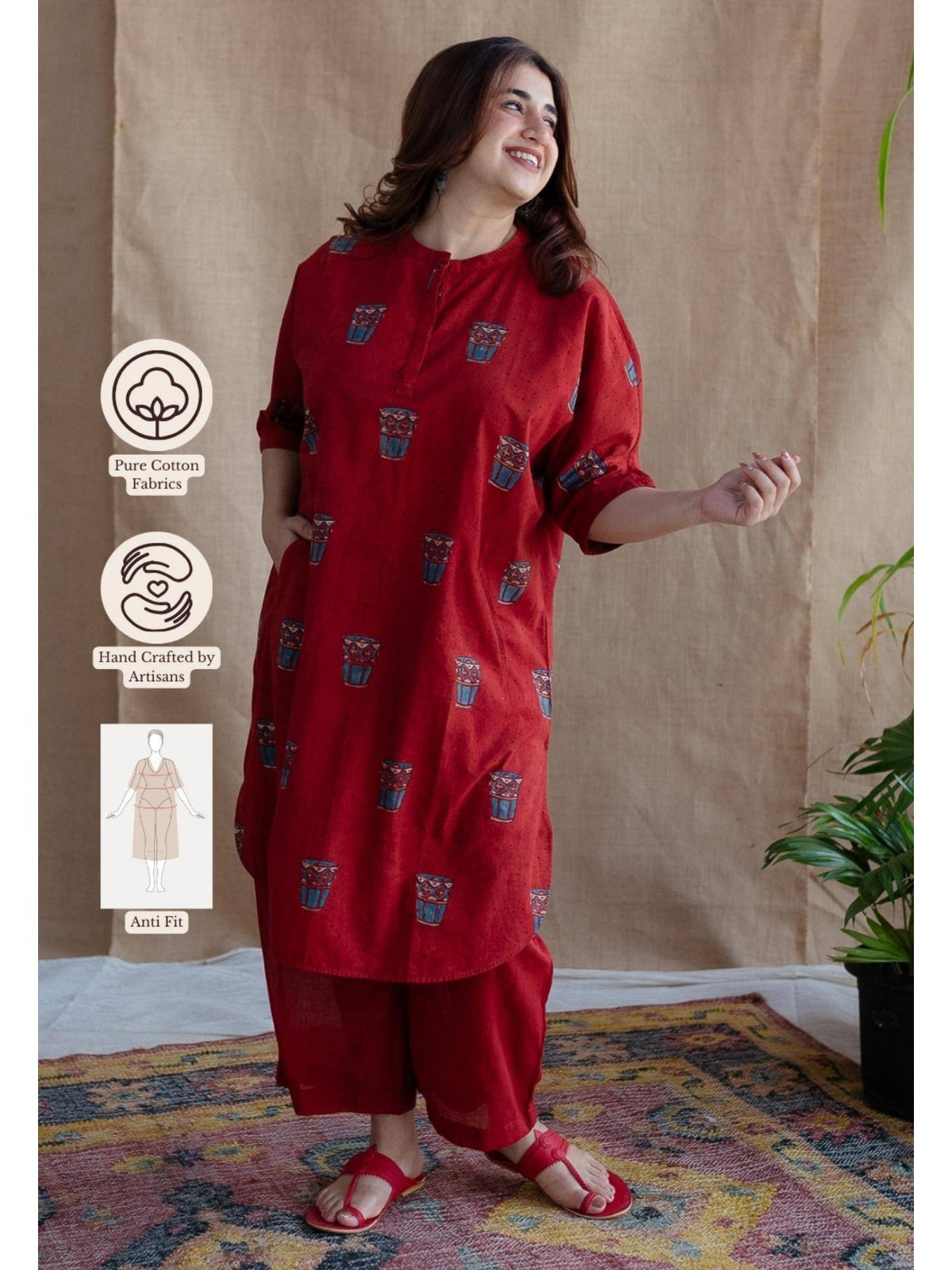 Red Straight Printed Cotton Kurta With Mandarin Neck | FY93 - view 7