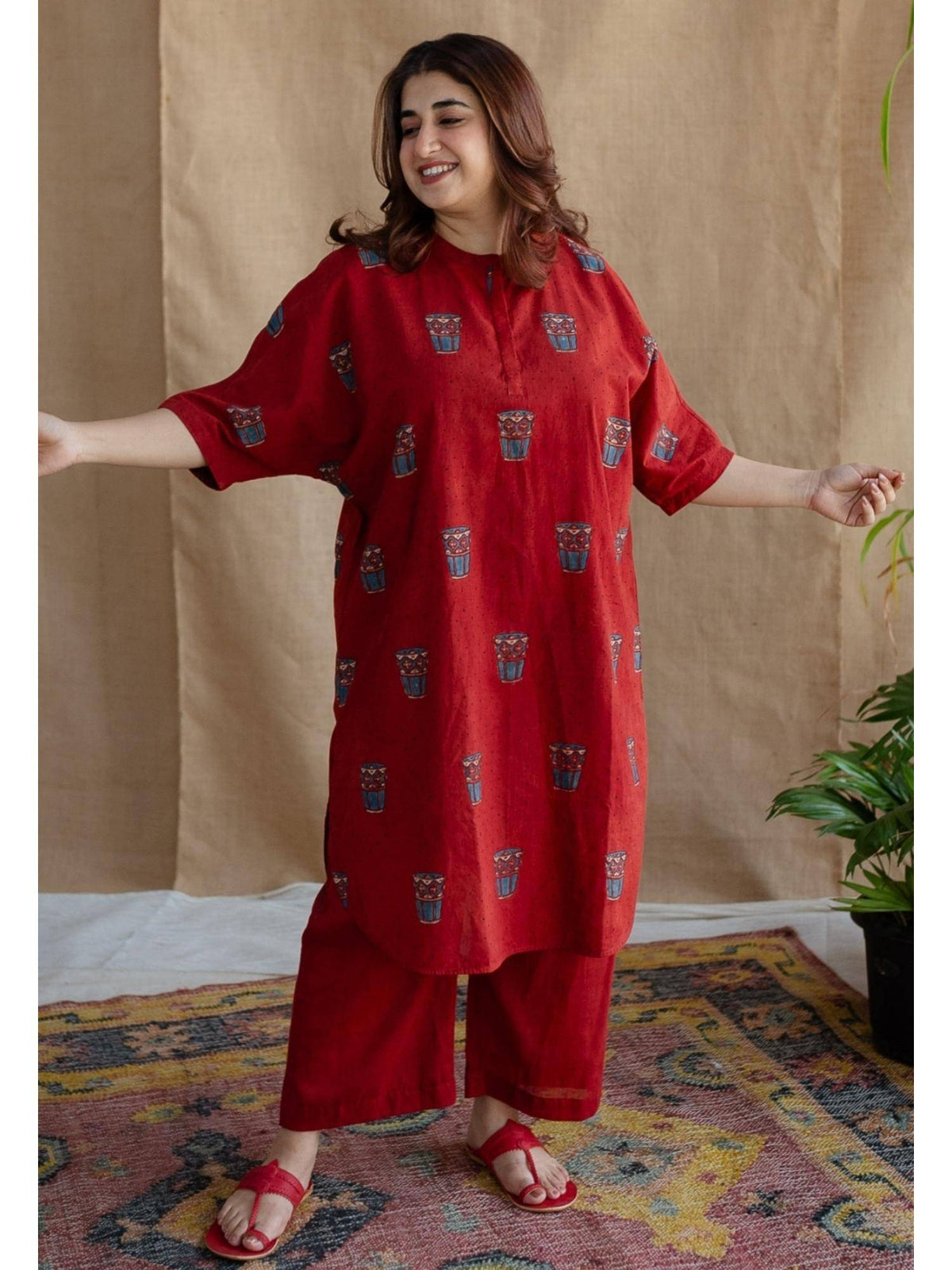 Red Straight Printed Cotton Kurta With Mandarin Neck | FY93 - view 8