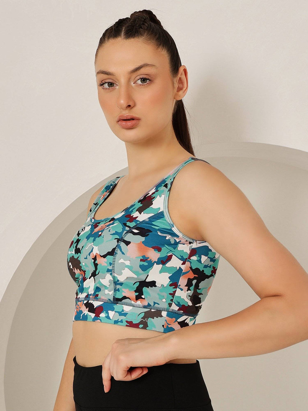 Medium Impact Padded Non-wired Camouflage Print Sports Bra In Sky | sb09 - view 4
